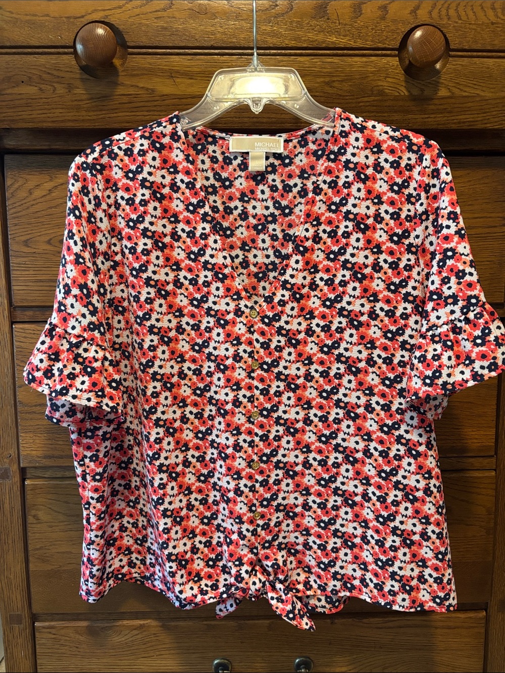 Michael Kors Floral Tie-Front Blouse Pink Navy White Women’s Size Large